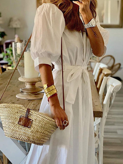 Short Sleeves Shirt Collar Maxi Dress