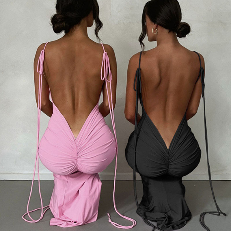 V Neck Lace-up Backless Maxi Dress