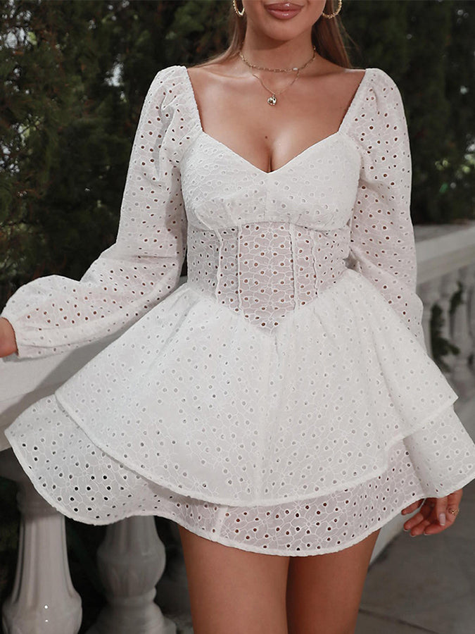 Puff Long Sleeve Laser-cut Mini Dress