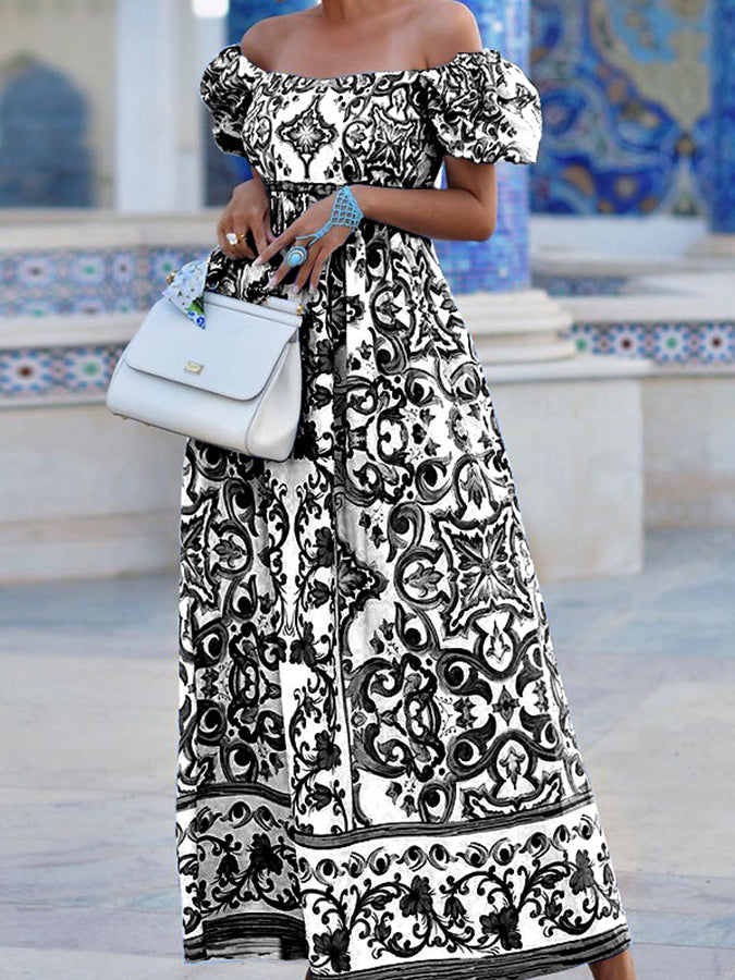 Off Shoulder Printed Maxi Dress