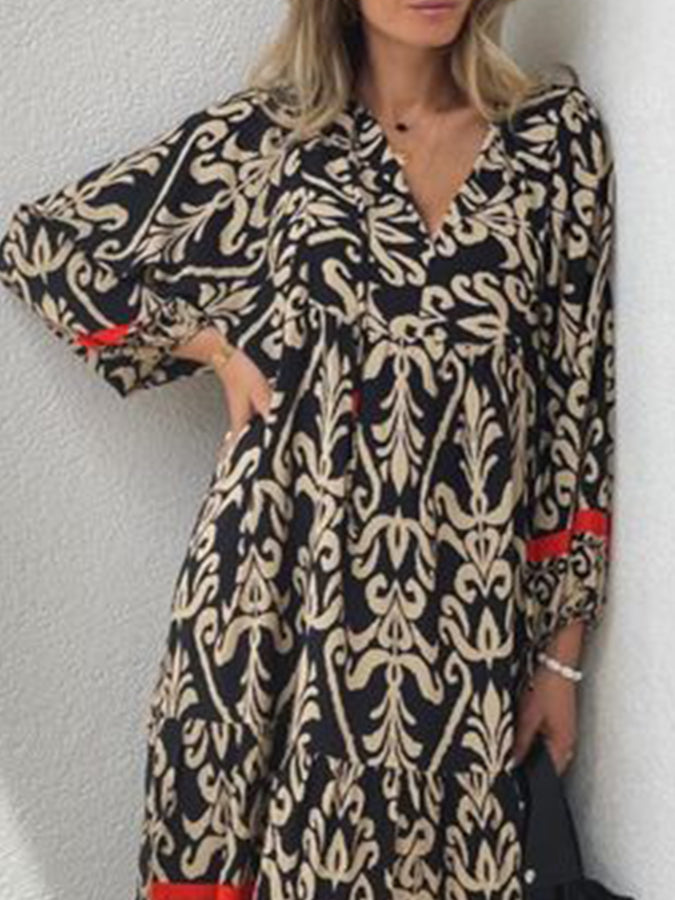 V Neck Long Sleeves Printed Maxi Dress