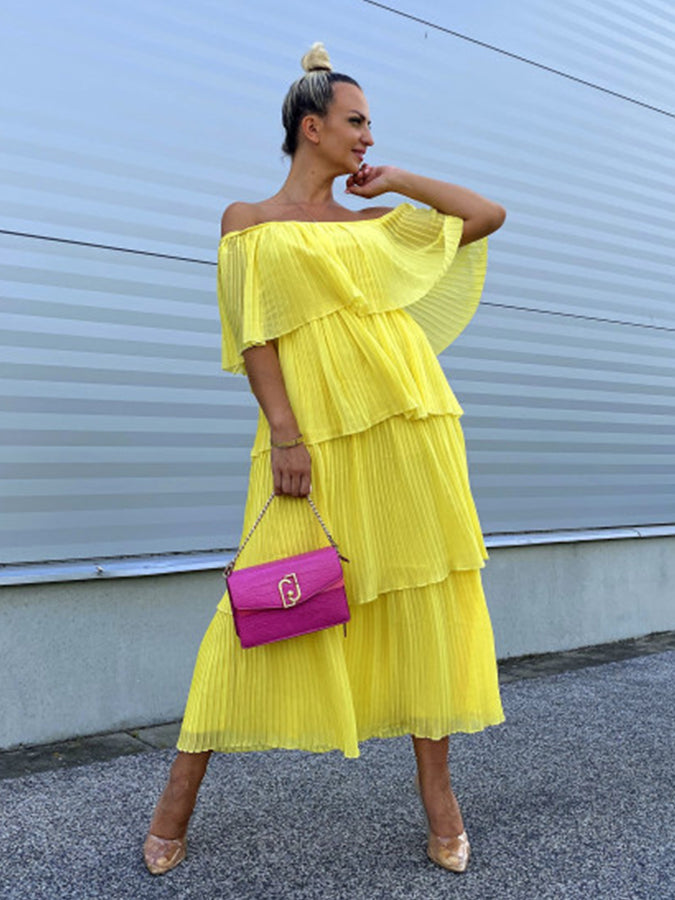 Yellow Off Shoulder Pleated Ruffle Maxi Dress
