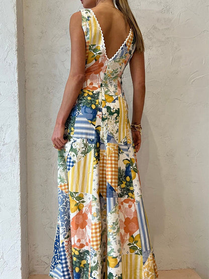 Printed V Neck Sleeveless Maxi Dress