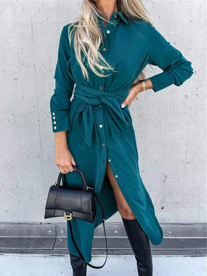 Shirt Collar Long Sleeves Buttoned Maxi Dress