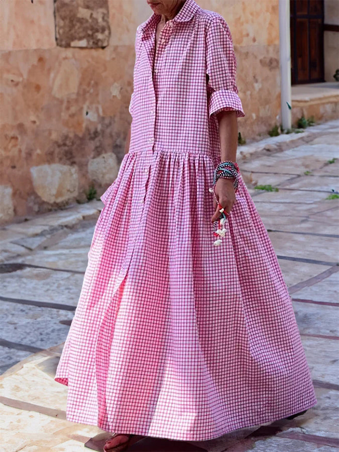 Plaid Long Sleeves Loose Swing Shirt Maxi Dress