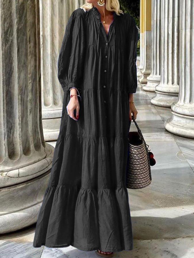 V Neck Long Sleeves Buttoned Maxi Dress