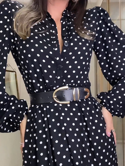 Black Polka Dots Printed Long Sleeves Cake Maxi Dress