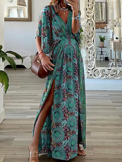 V Neck Loose Printed Slit Maxi Dress