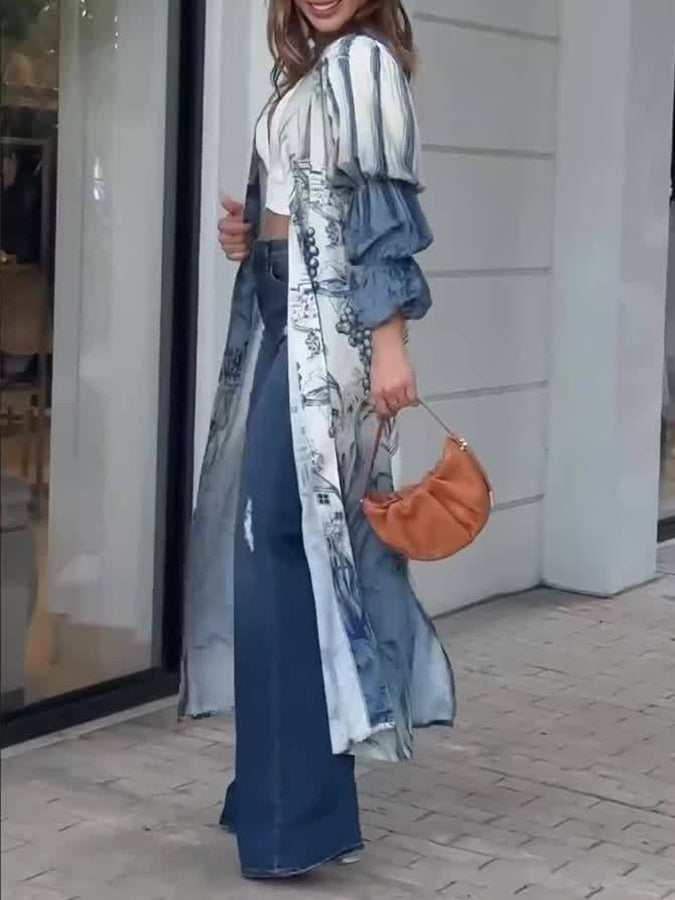 Puff Sleeves Printed Cardigan and Jeans Two Pieces Sets
