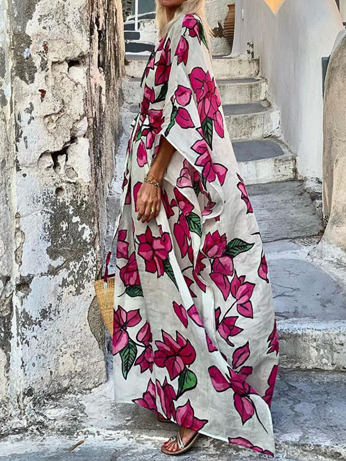 Printed Round Neck Loose Lace-up Maxi Dress