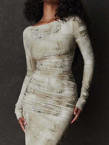 Long Sleeves Round Neck Printed Slim Maxi Dress