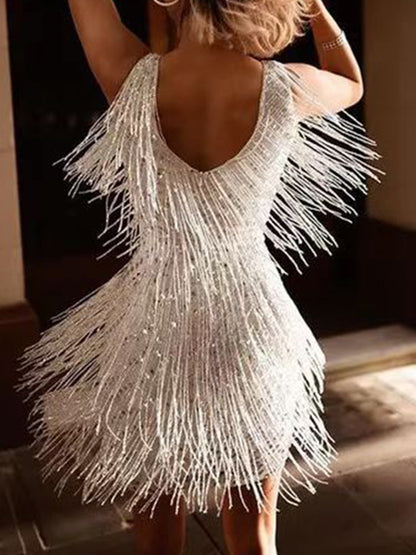 V Neck Sleeveless Fringed Mini Dress