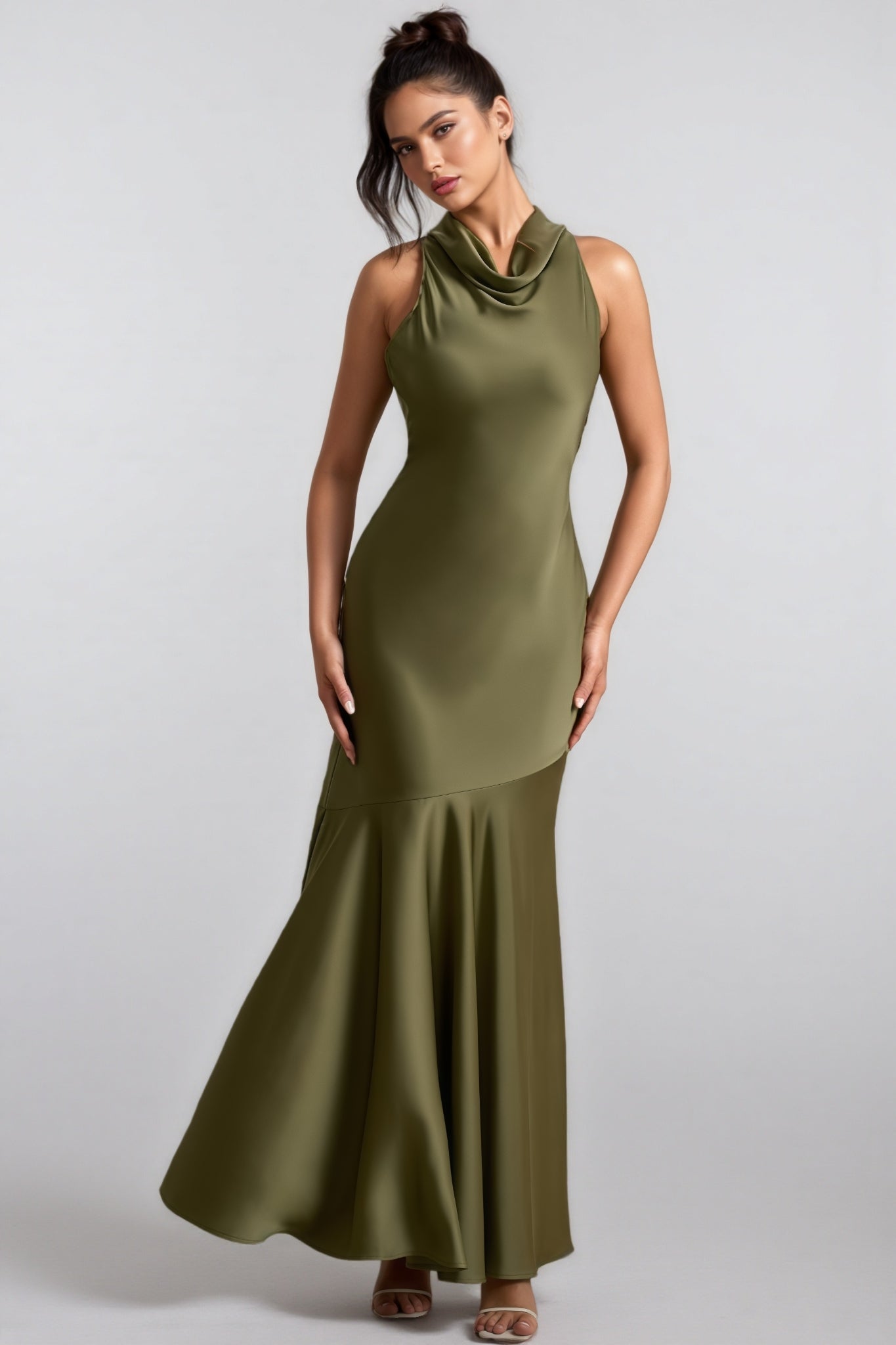 Elaray Green Satin Cowl-neck Maxi Dress