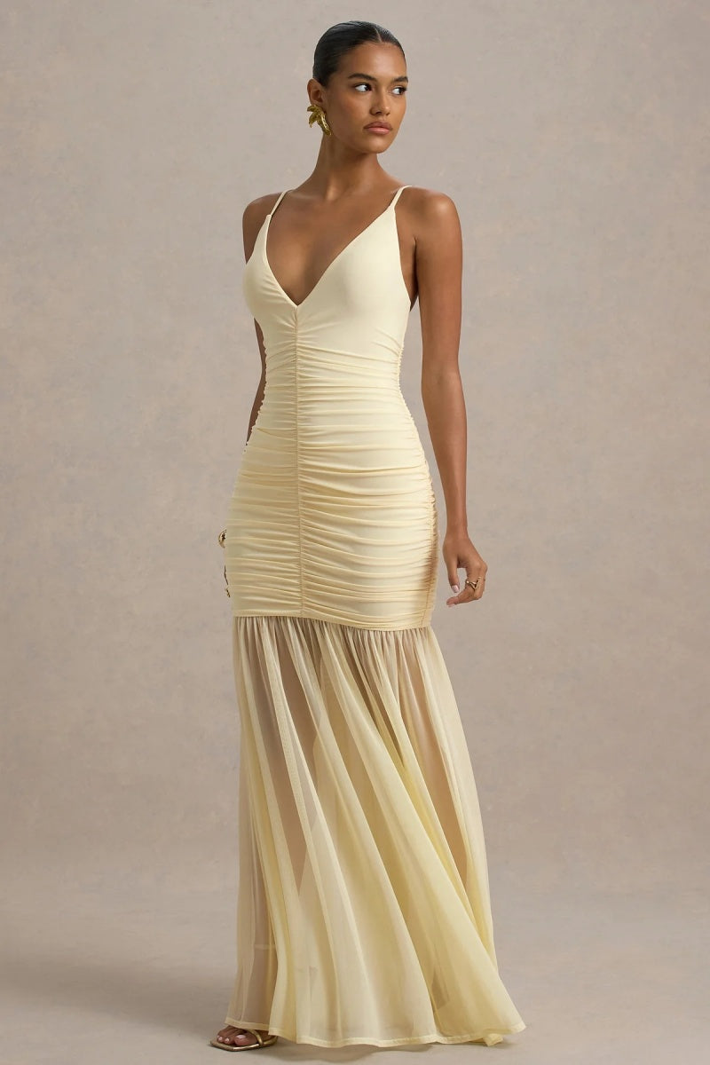 Pale Lemon Ruched Plunge-neck Maxi Dress