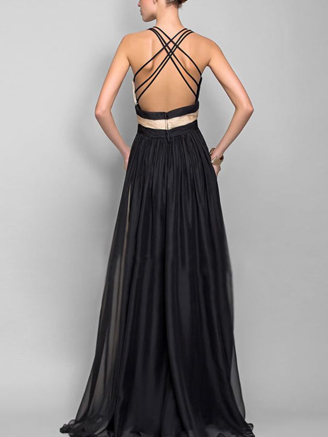 Slim and Contrast Color Sleeveless Long Dress
