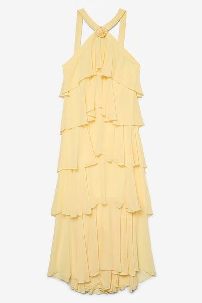 Kairot Yellow Backless 3d Flower Maxi Dress