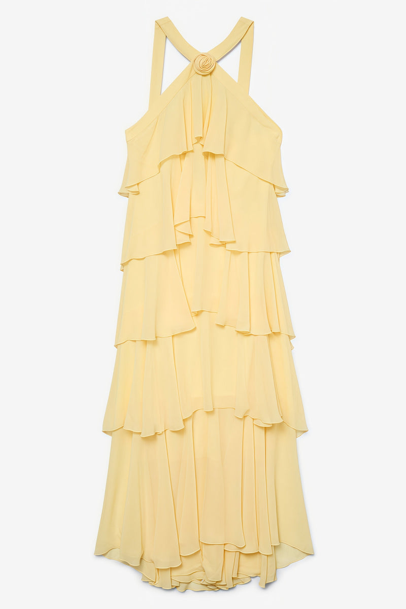 Kairot Yellow Backless 3d Flower Maxi Dress