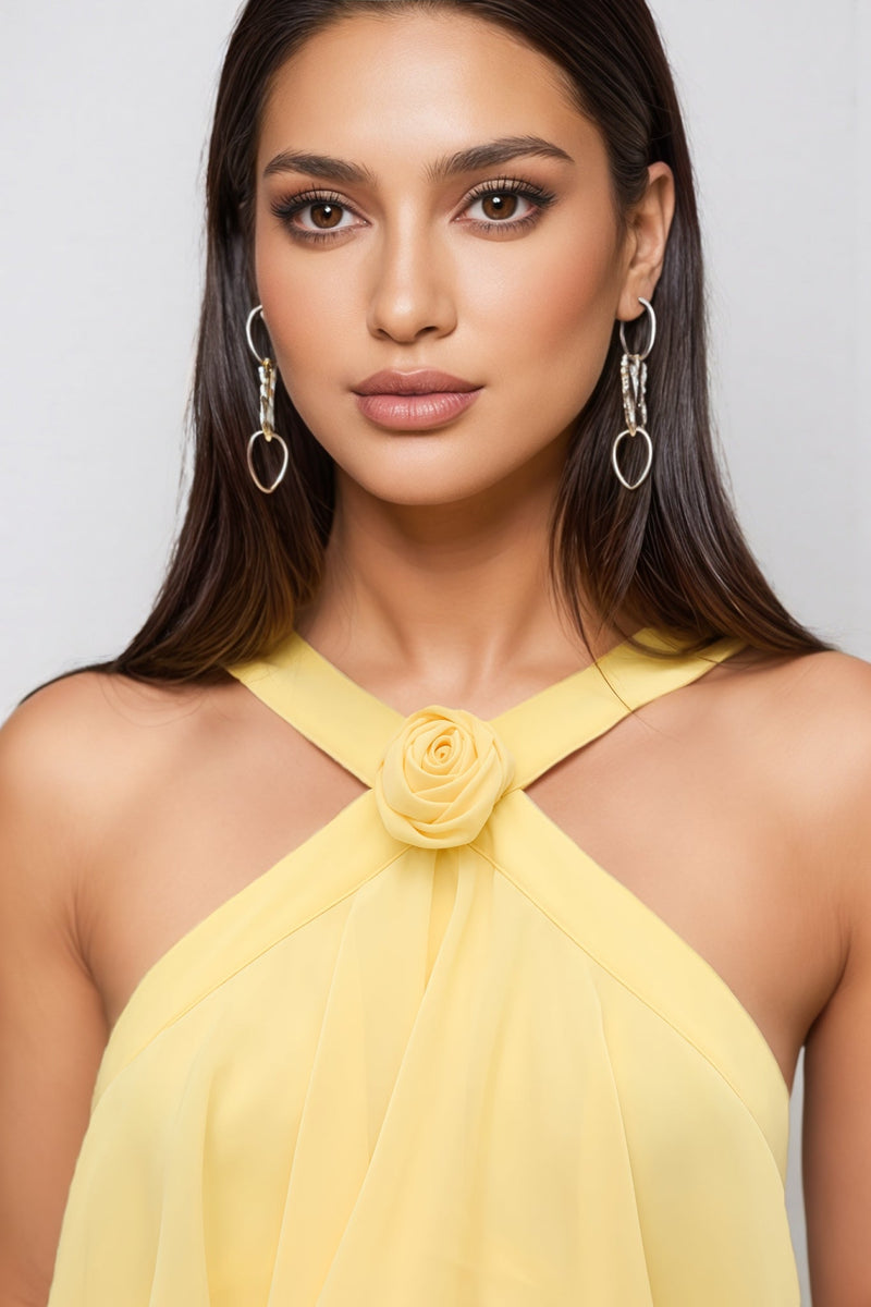 Kairot Yellow Backless 3d Flower Maxi Dress