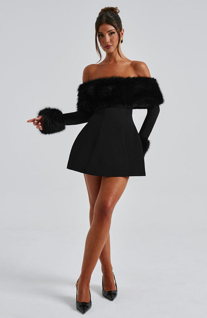 Rory - Off-shoulder Fur Sleeve Mini Dress