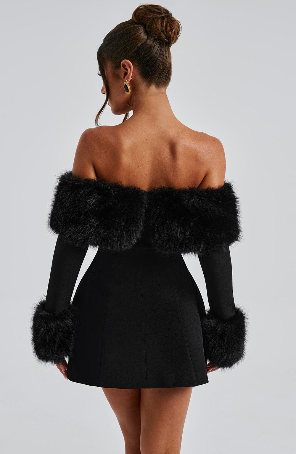 Rory - Off-shoulder Fur Sleeve Mini Dress