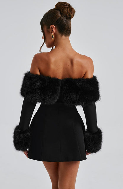 Rory - Off-shoulder Fur Sleeve Mini Dress