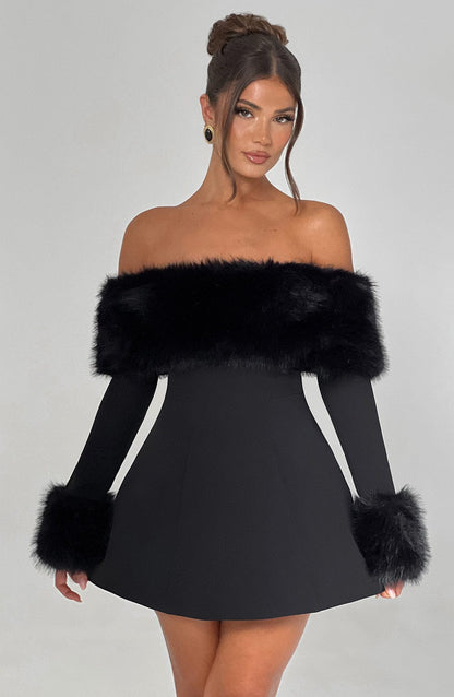 Rory - Off-shoulder Fur Sleeve Mini Dress