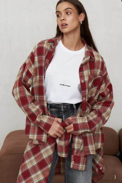 Plaid Pocket Long Sleeve Collared Blouse