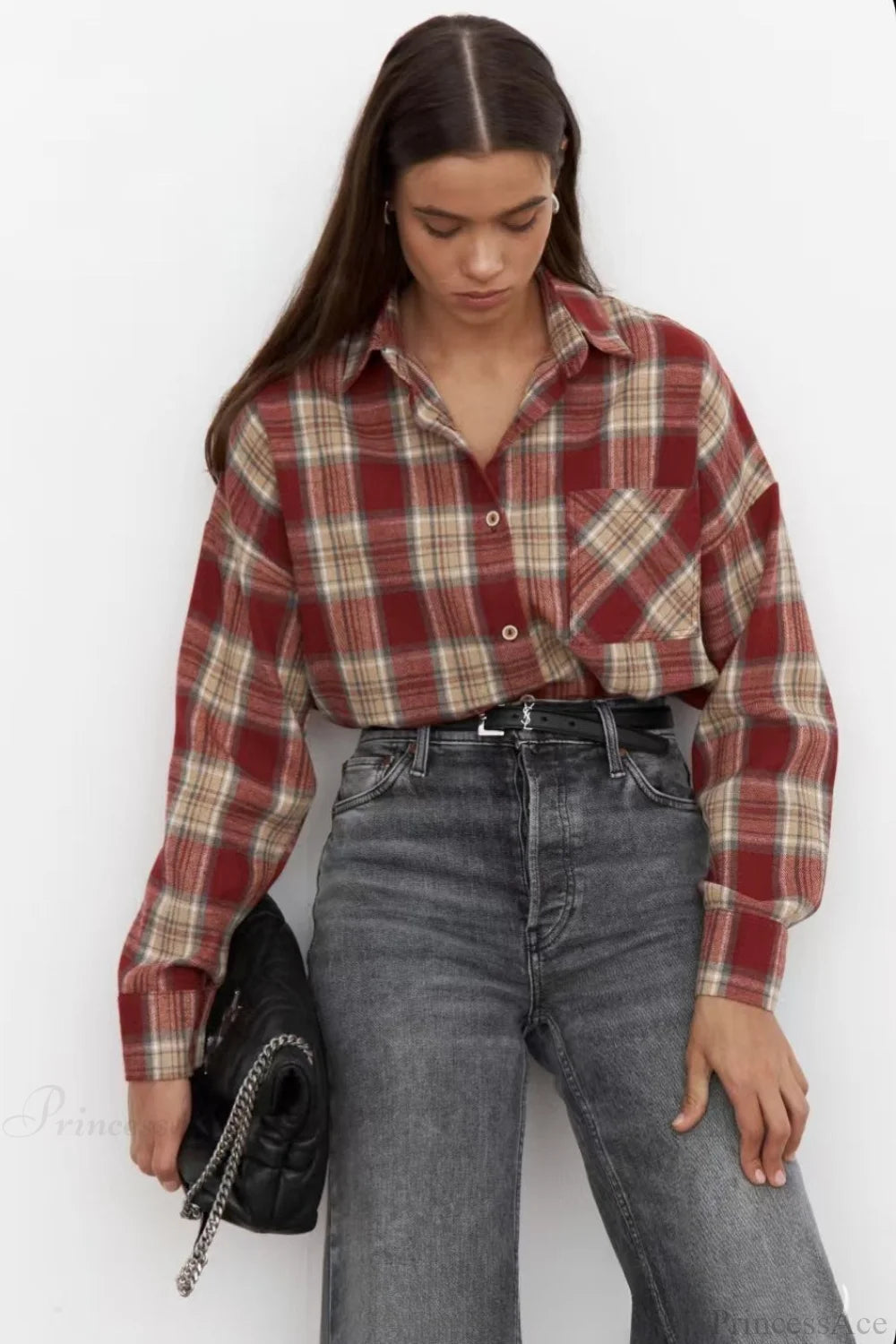 Plaid Pocket Long Sleeve Collared Blouse
