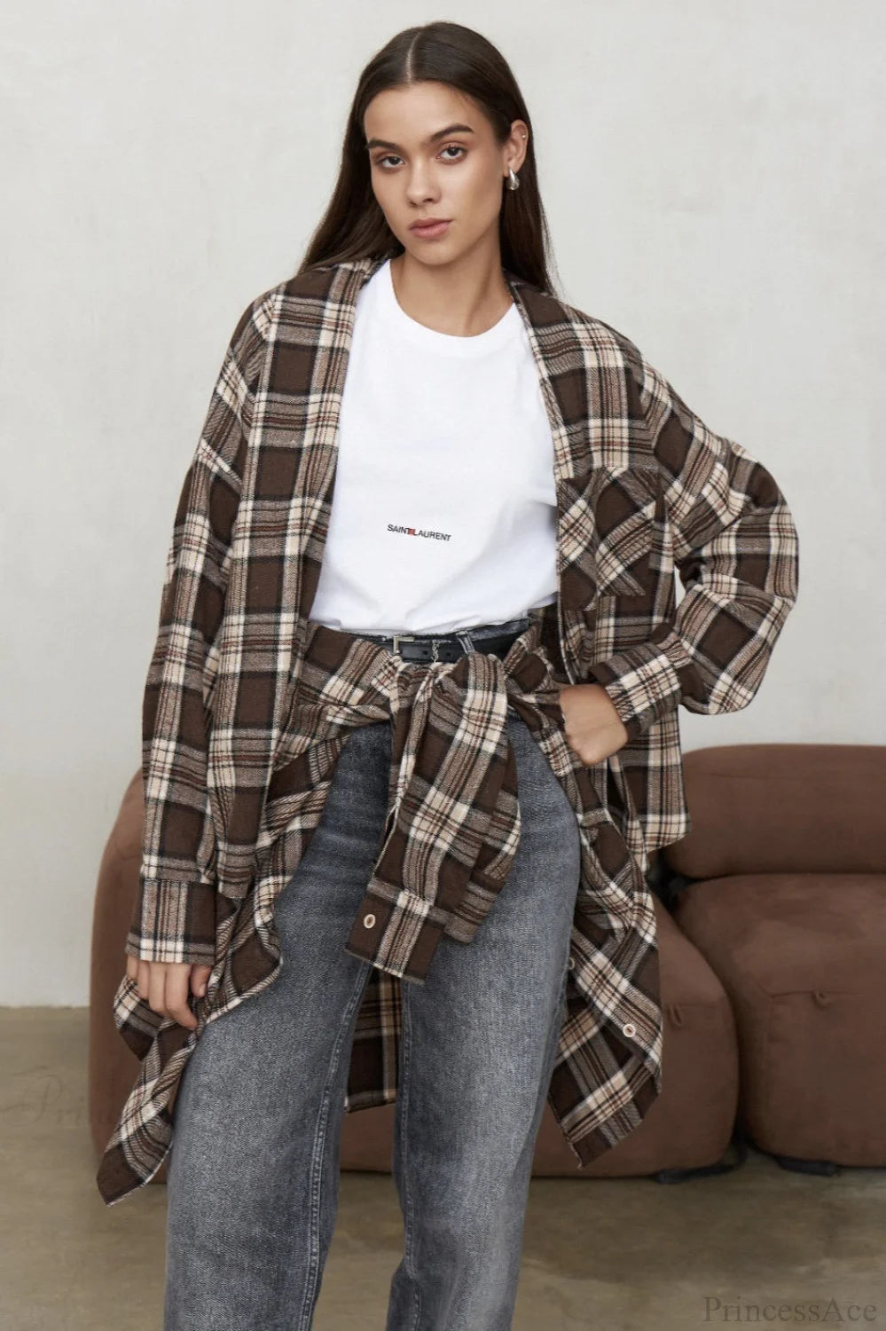 Plaid Pocket Long Sleeve Collared Blouse