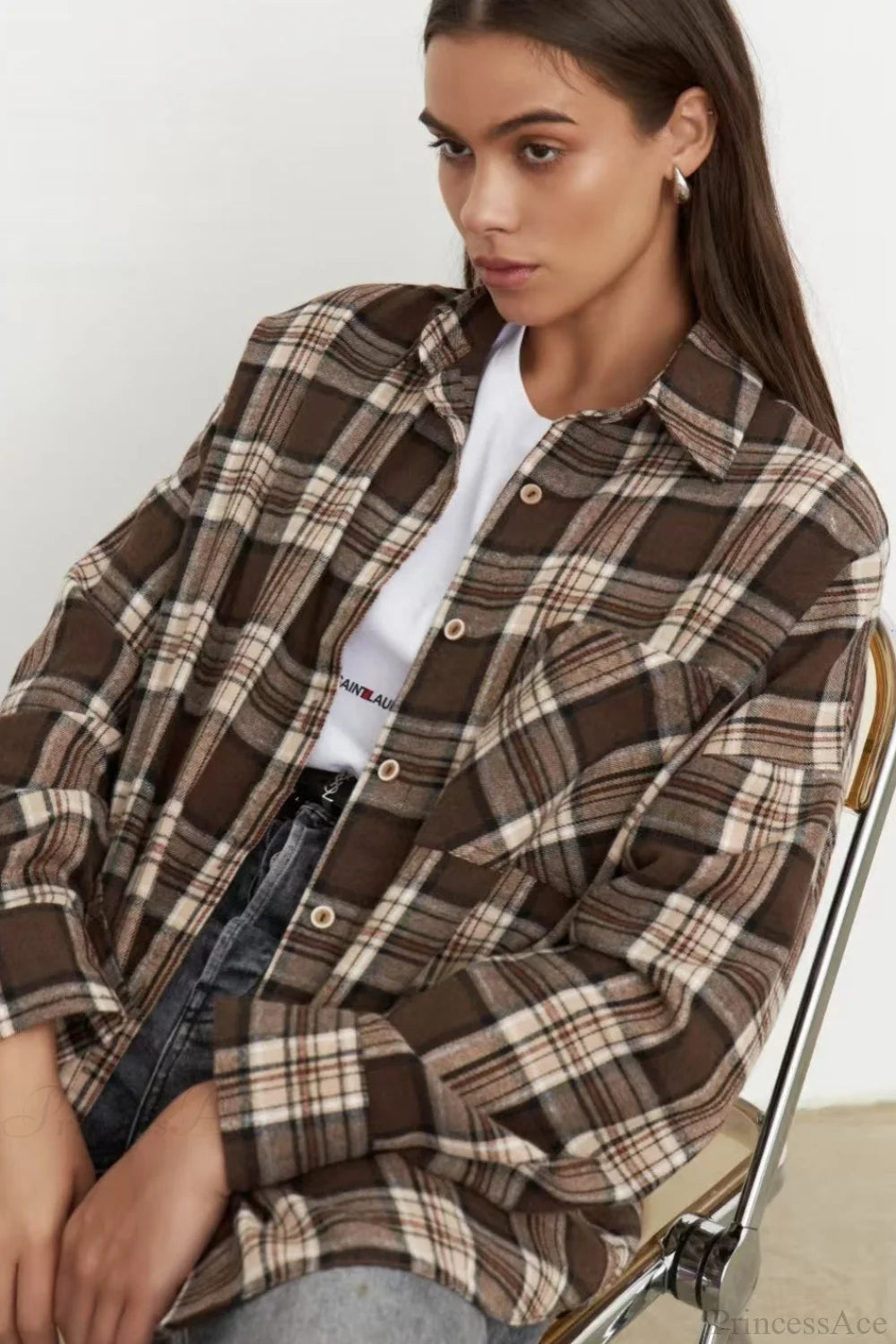 Plaid Pocket Long Sleeve Collared Blouse