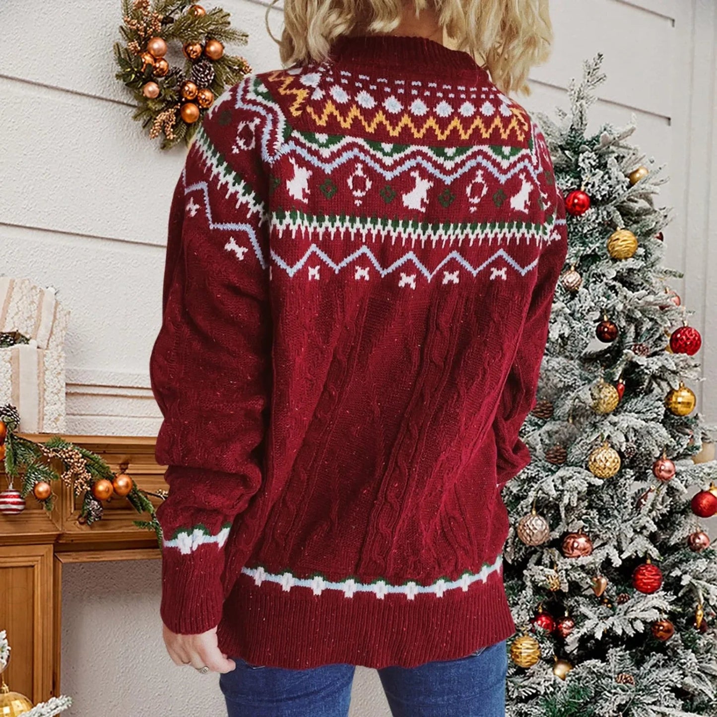 Striped Long Sleeve Jacquard O-neck Loose Christmas Christmas Sweater