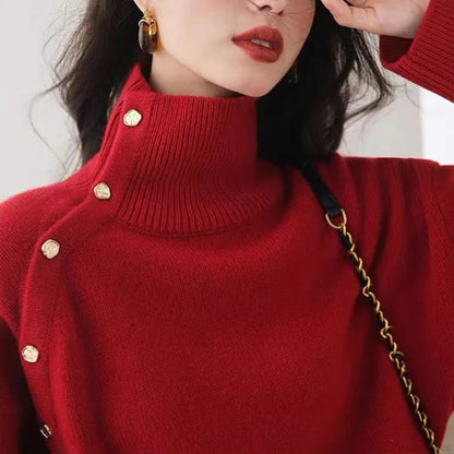 Turtleneck Buttons Long Sleeve Christmas Christmas Sweater