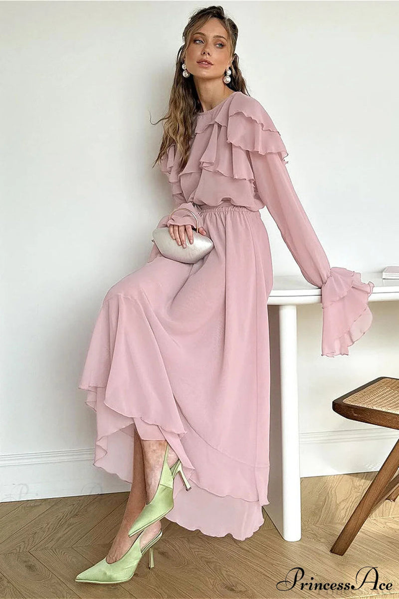Waist Cinch Ruffled Semi Sheer Maxi Dress