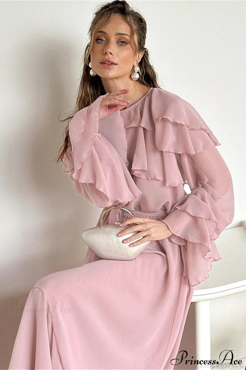 Waist Cinch Ruffled Semi Sheer Maxi Dress