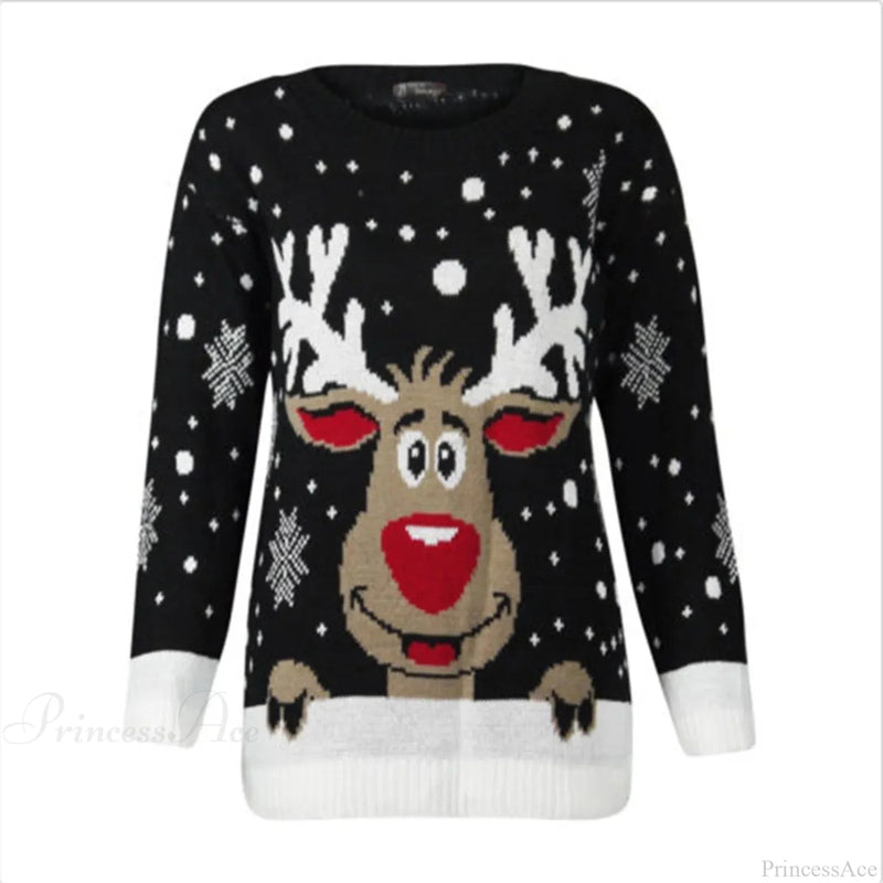 Warm Long Sleeves Fur Collar Cartoon Reindeer Print Christmas Christmas Sweater
