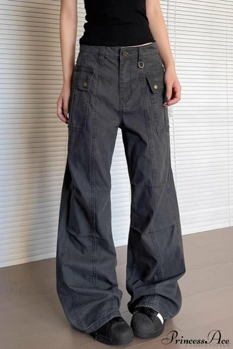 Washed Multi Pocket Flared Cargo Pants