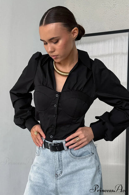 White Cotton Collared Puff Sleeve Blouse