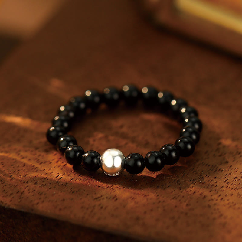 White Jade Black Onyx Crystal Bead Elastic Ring