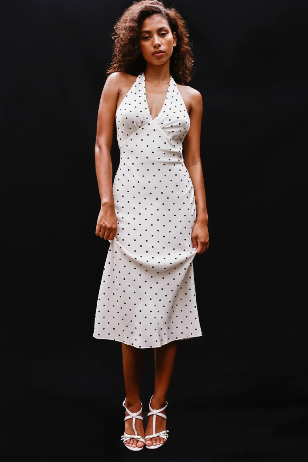 White Polka Dot Halter V-neck Maxi Dress
