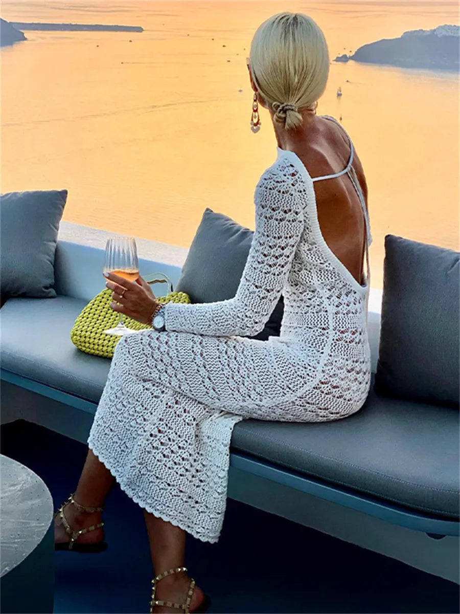Backless Tie Up Knit Crochet Hollow-out Beach Maxi Dress