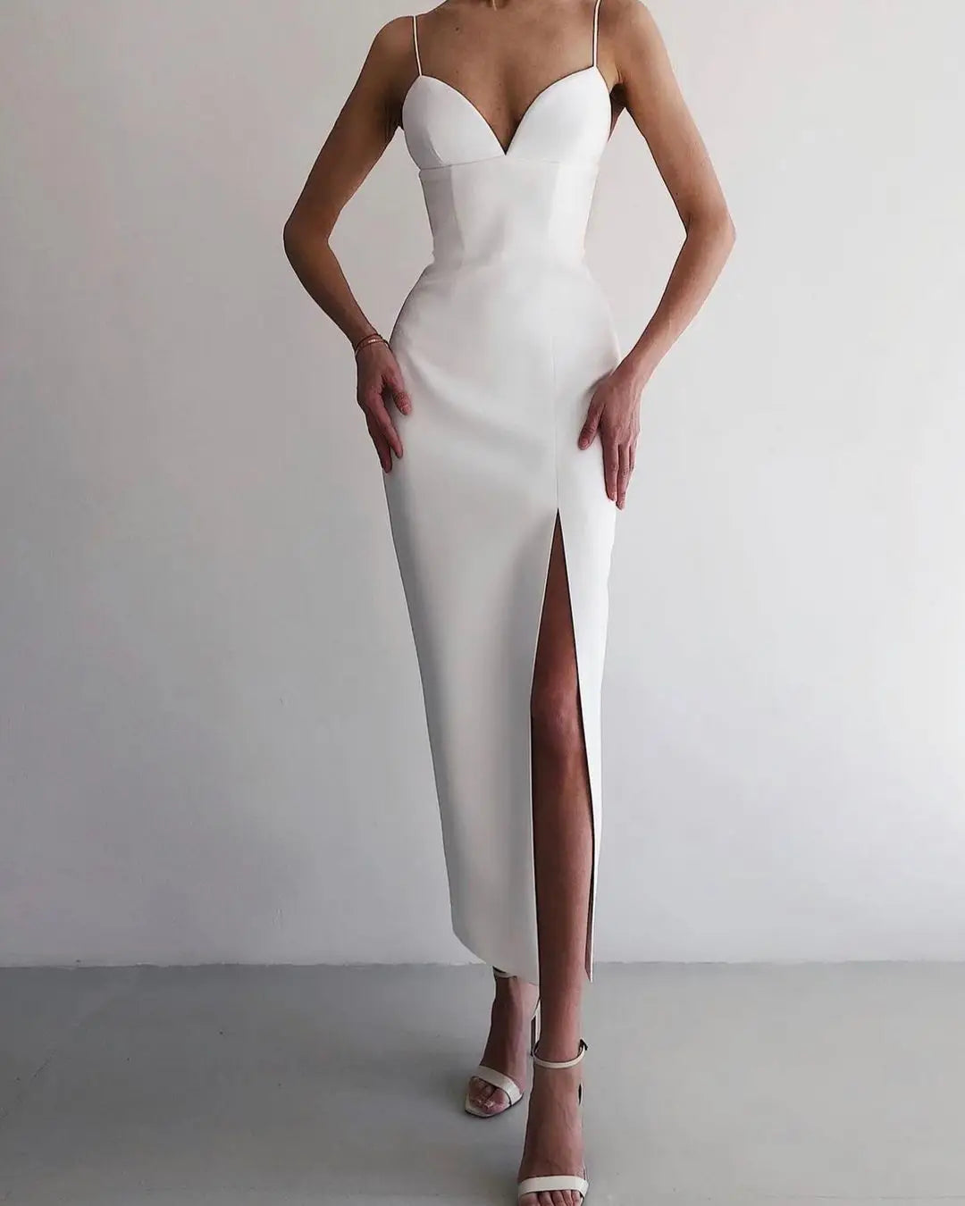 High Slit Bodycon Spaghetti Straps Corset Midi Dress