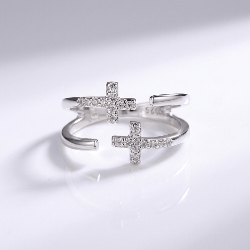 Double Cross Silver & Diamond Ring - (adjustable)