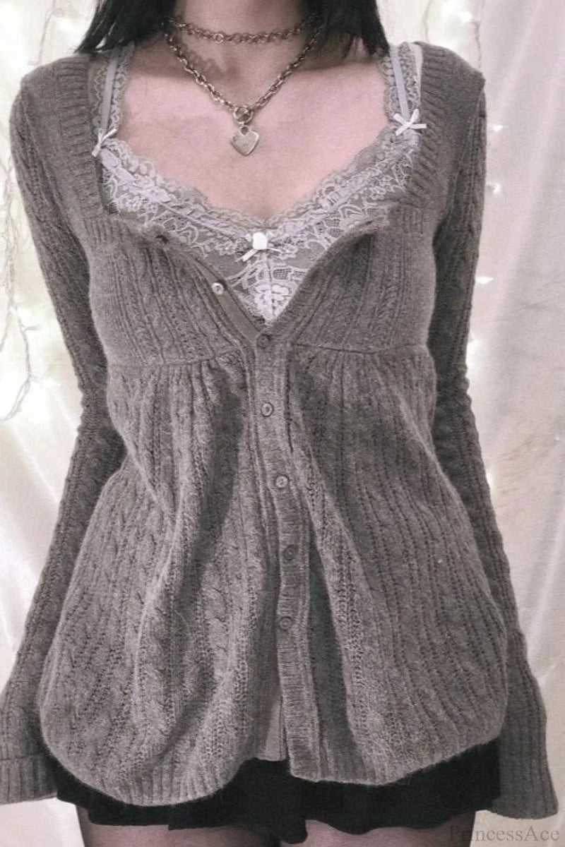 Y2k Sweet Square Neck Cable Knit Button Blouse