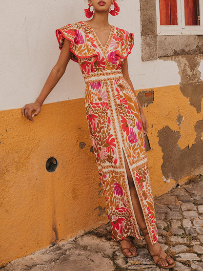 V-neck Ruffled Print Slit Long Dress