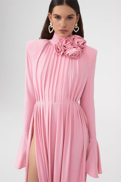 Yedda Flower Trimmed V-neckline Pleated Slit Maxi Dress
