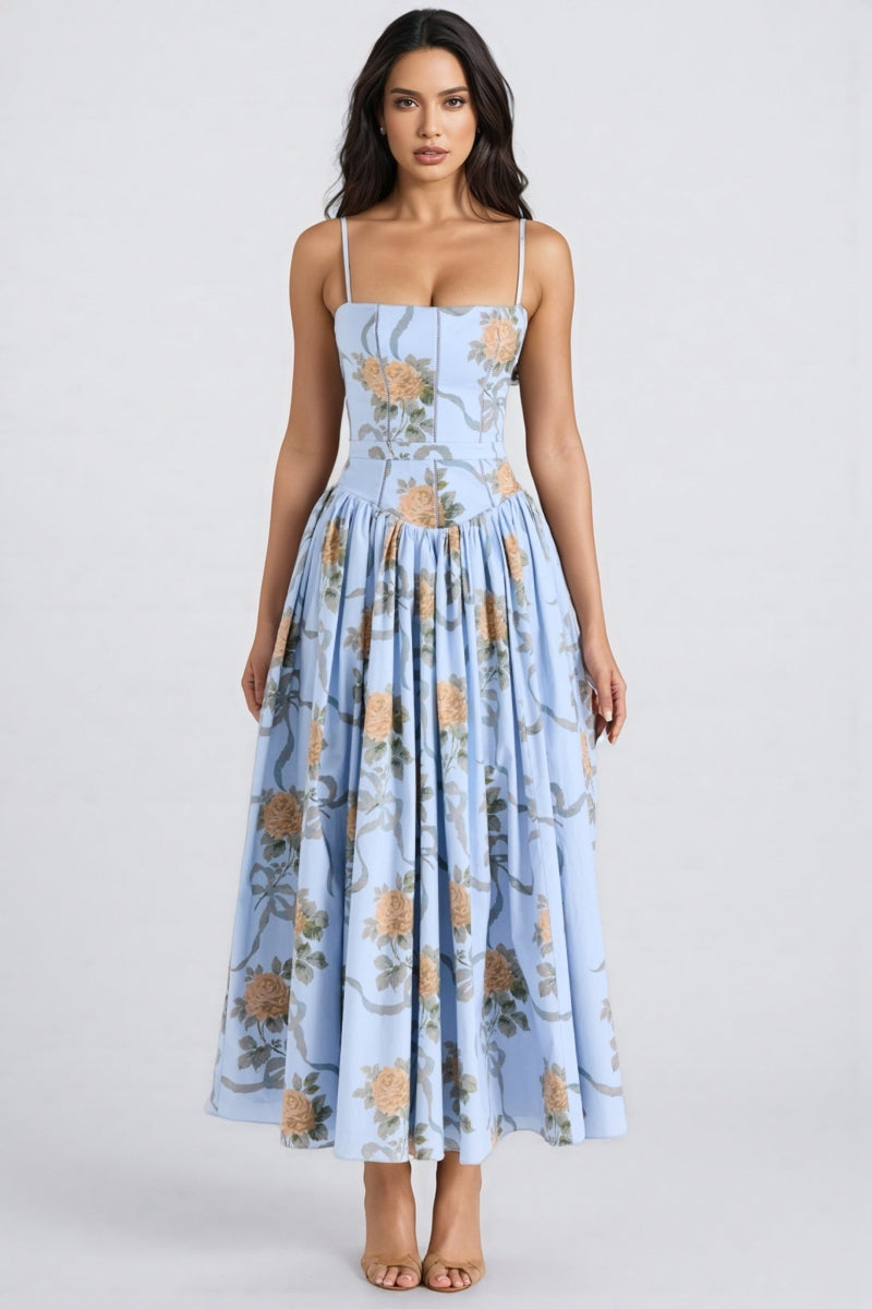 Gwend Blue Rose Print Cotton Midi Dress