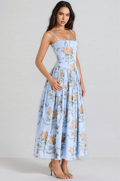 Gwend Blue Rose Print Cotton Midi Dress