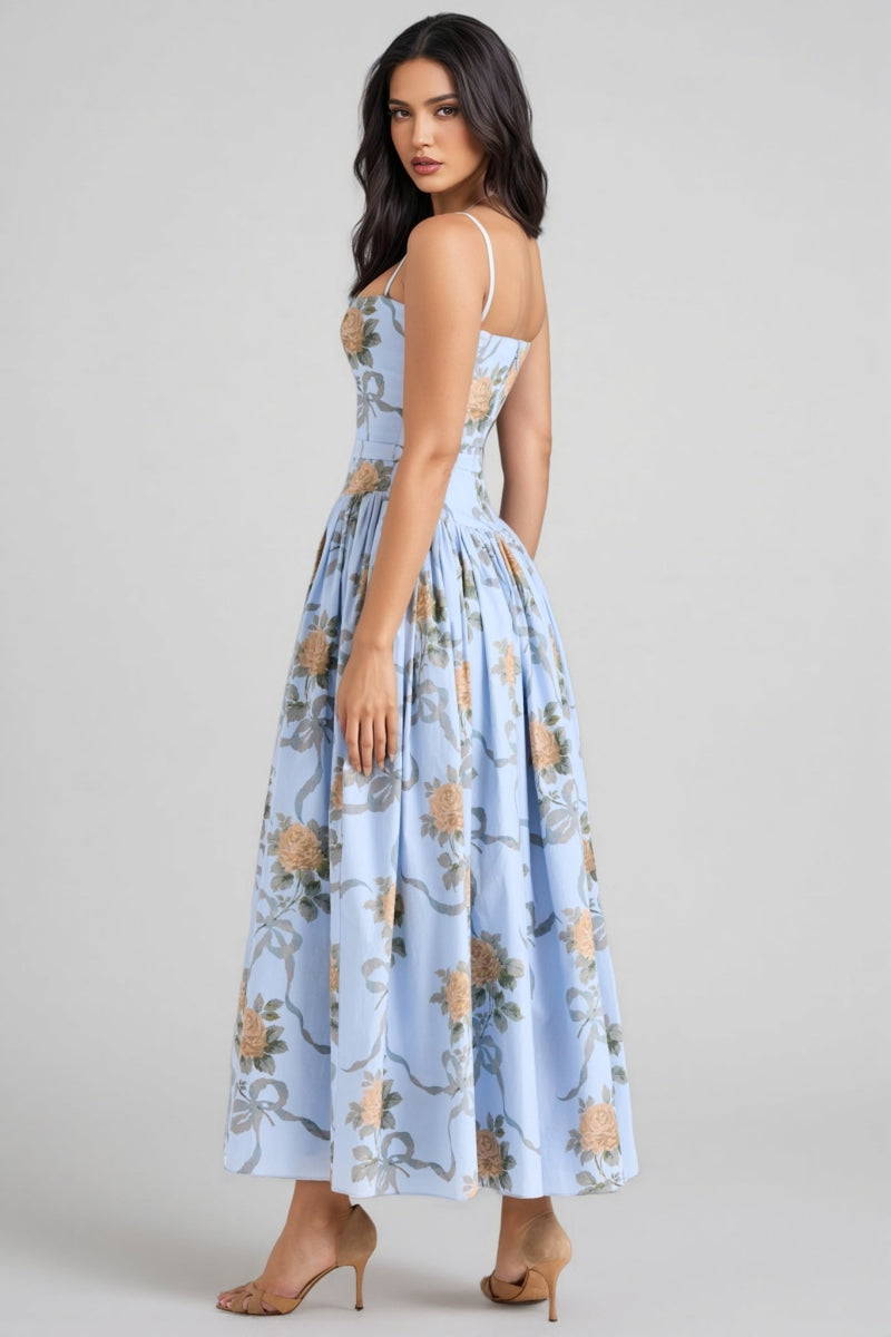 Gwend Blue Rose Print Cotton Midi Dress